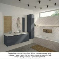 Ensemble meuble de salle de bain Oxford 120 cm basalte brillant, plan double vasque marbre reconstitué, 2 tiroirs , miroir plan , colonne P. 35 cm x H. 153 cm