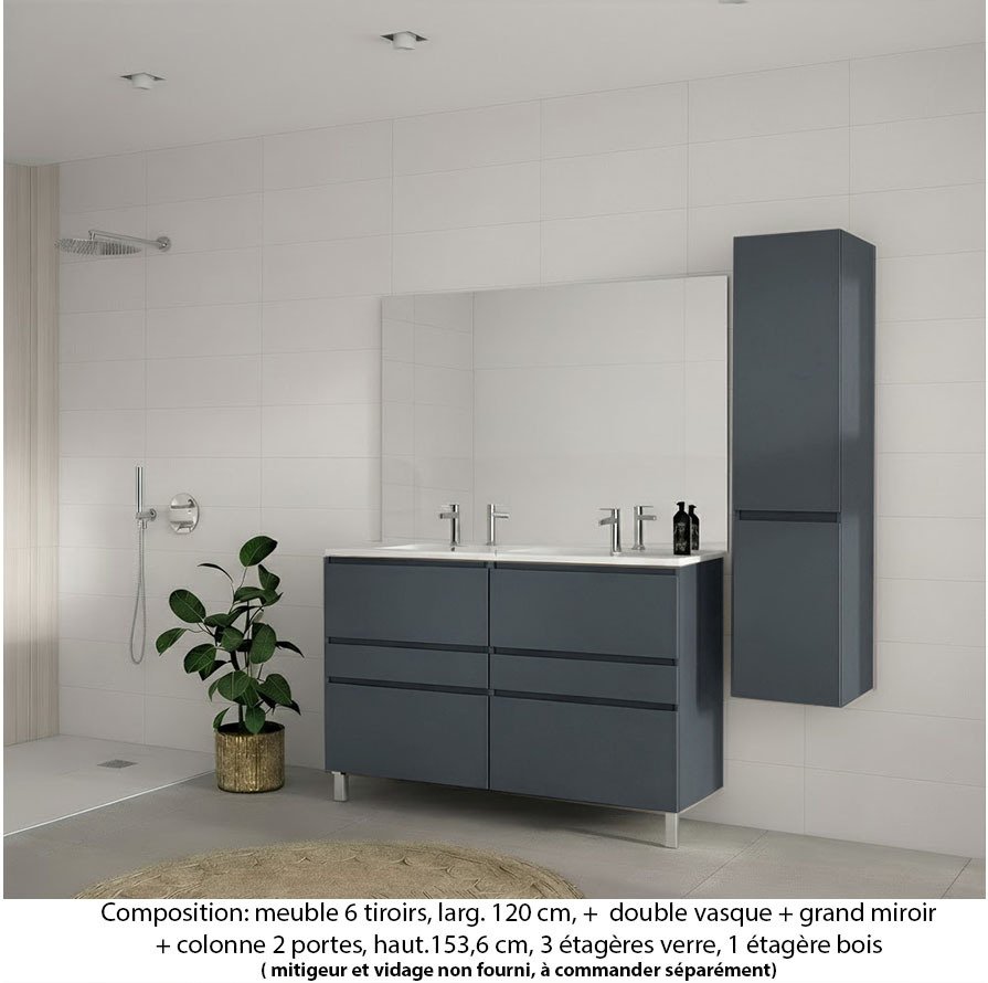 Ensemble meuble de salle de bain Oxford 140 cm basalte brillant, plan double double vasque céramique, caisson double, 6 tiroirs , miroir plan , colonne P. 35 cm x H. 153 cm