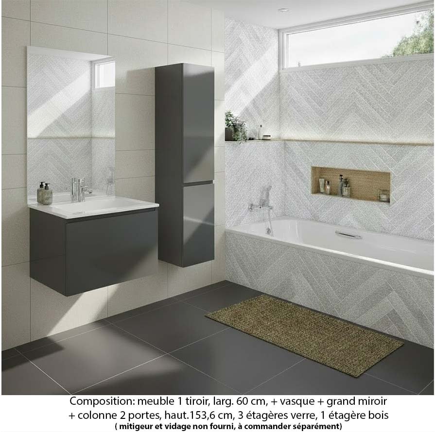 Ensemble meuble de salle de bain Oxford 60 cm basalte brillant, plan vasque marbre reconstitué, 1 tiroir , miroir plan , colonne P. 35 cm x H. 153 cm