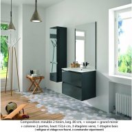 Ensemble meuble de salle de bain Oxford 80 cm basalte brillant, plan vasque marbre reconstitué, 2 tiroirs , miroir plan , colonne P. 35 cm x H. 153 cm