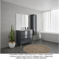 Ensemble meuble de salle de bain Oxford 90 cm basalte brillant, plan vasque céramique, 3 tiroirs , miroir plan , colonne P. 35 cm x H. 153 cm