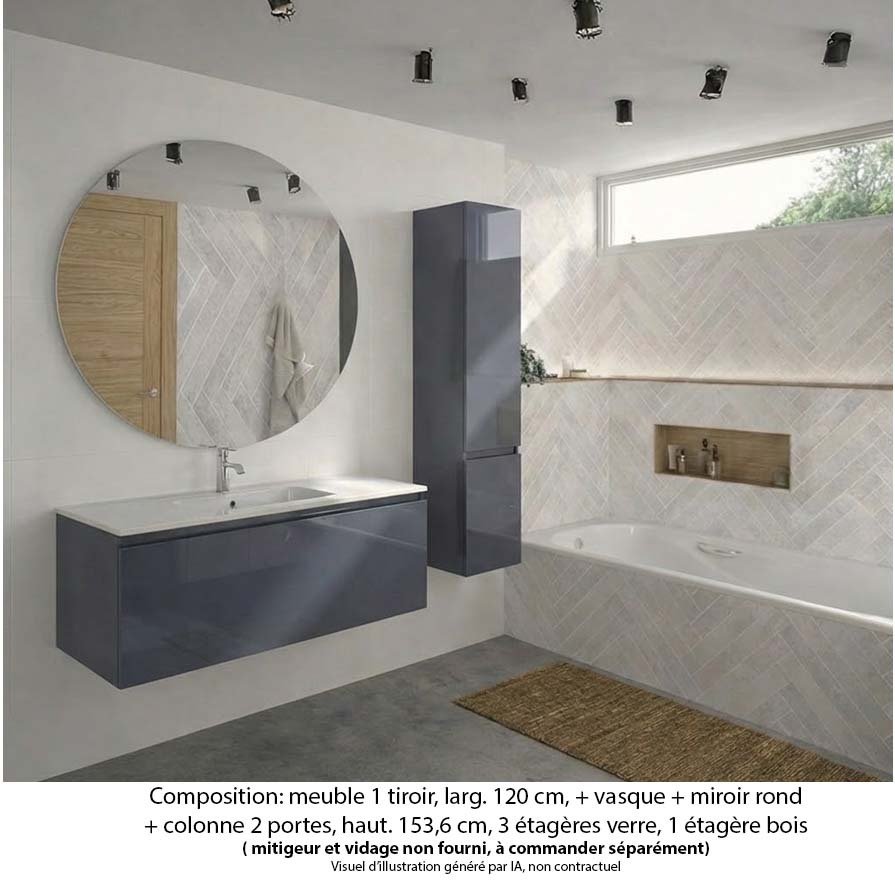 Ensemble meuble de salle de bain Oxford 120 cm basalte brillant, plan vasque marbre reconstitué, 1 tiroir , miroir rond , colonne P. 35 cm x H. 153 cm