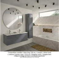 Ensemble meuble de salle de bain Oxford 120 cm basalte brillant, plan double vasque marbre reconstitué, 1 tiroir , miroir rond , colonne P. 35 cm x H. 153 cm