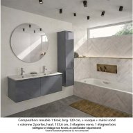 Ensemble meuble de salle de bain Oxford 120 cm basalte brillant, plan double vasque marbre reconstitué, 2 tiroirs , miroir rond , colonne P. 35 cm x H. 153 cm