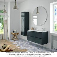 Ensemble meuble de salle de bain Oxford 120 cm basalte brillant, plan double vasque marbre reconstitué, 2 tiroirs , miroir rond , colonne P. 35 cm x H. 153 cm