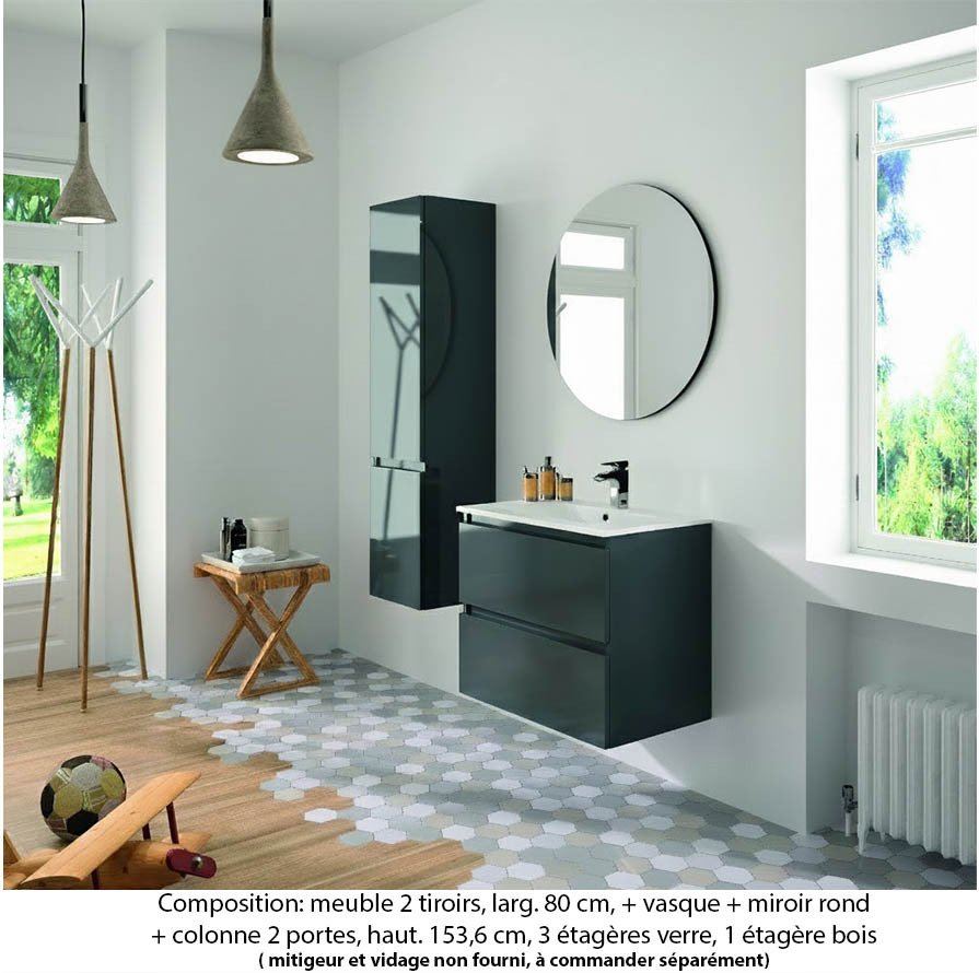 Ensemble meuble de salle de bain Oxford 80 cm basalte brillant, plan vasque marbre reconstitué, 2 tiroirs , miroir rond , colonne (ch. à droite)