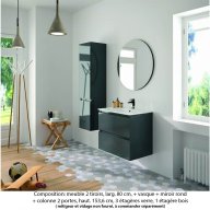 Ensemble meuble de salle de bain Oxford 80 cm basalte brillant, plan vasque marbre reconstitué, 2 tiroirs , miroir rond , colonne P. 35 cm x H. 153 cm