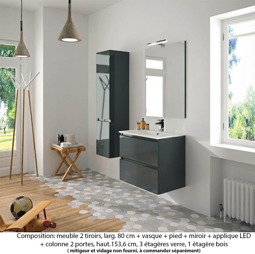 Ensemble meuble de salle de bain Oxford 80 cm basalte brillant, plan vasque marbre reconstitué, 2 tiroirs , miroir simple , applique , colonne (ch. à gauche)