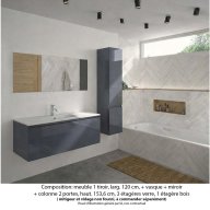 Ensemble meuble de salle de bain Oxford 120 cm basalte brillant, plan vasque marbre reconstitué, 1 tiroir , miroir simple , colonne P. 35 cm x H. 153 cm