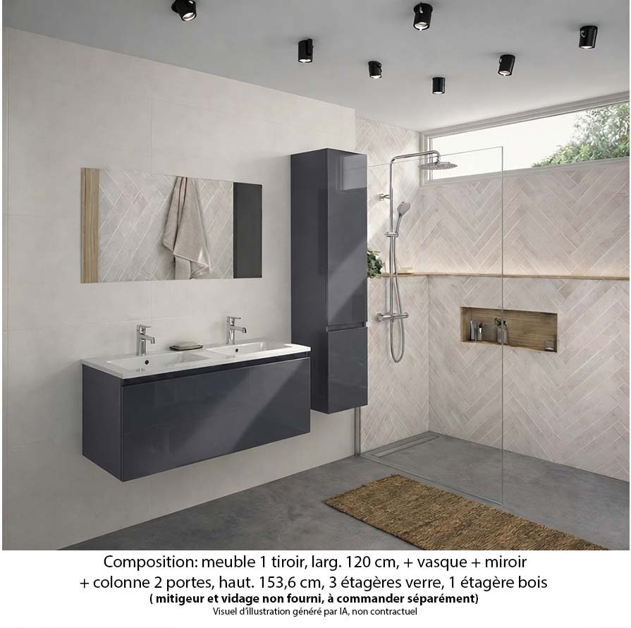 Ensemble meuble de salle de bain Oxford 120 cm basalte brillant, plan double vasque marbre reconstitué, 1 tiroir , miroir simple , colonne P. 35 cm x H. 153 cm