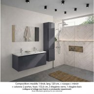 Ensemble meuble de salle de bain Oxford 120 cm basalte brillant, plan double vasque marbre reconstitué, 1 tiroir , miroir simple , colonne P. 35 cm x H. 153 cm