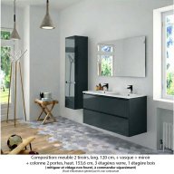 Ensemble meuble de salle de bain Oxford 120 cm basalte brillant, plan double vasque marbre reconstitué, 2 tiroirs , miroir simple , colonne P. 35 cm x H. 153 cm