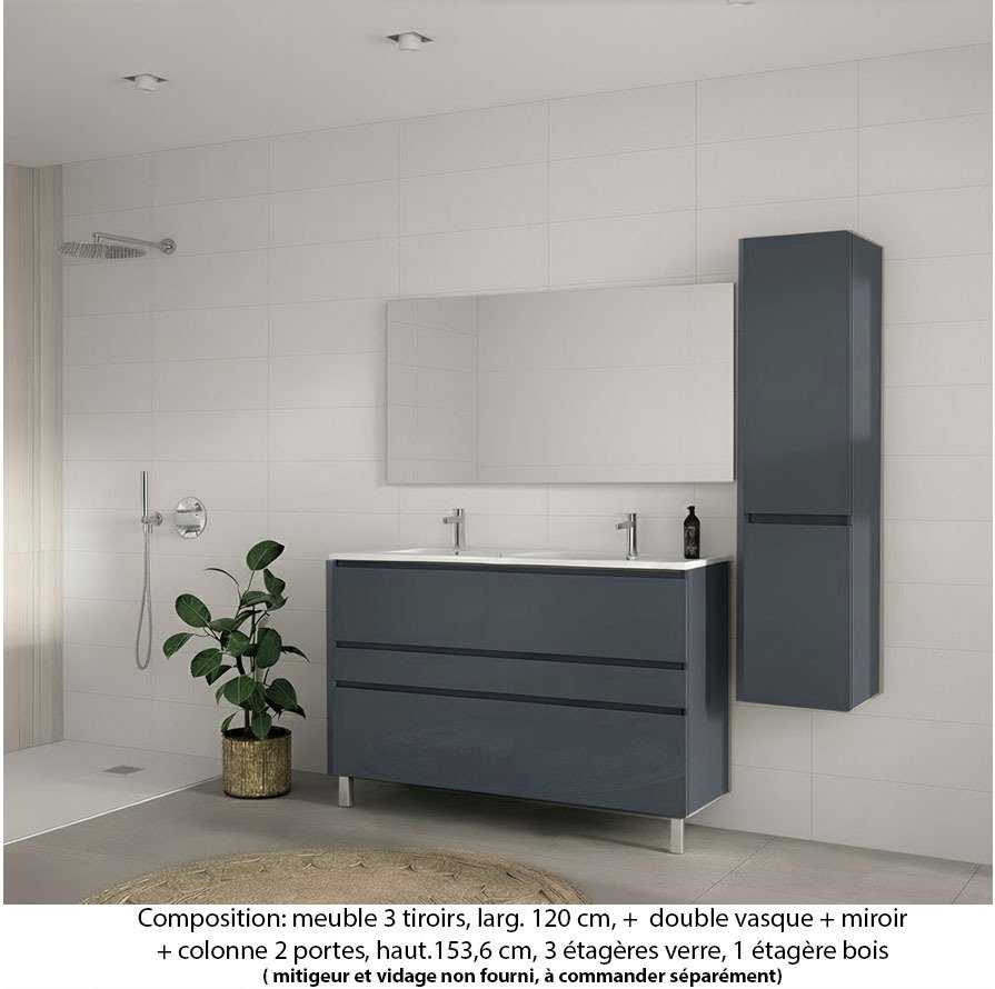 Ensemble meuble de salle de bain Oxford 120 cm basalte brillant, plan double vasque marbre reconstitué, 3 tiroirs , miroir simple , colonne P. 35 cm x H. 153 cm