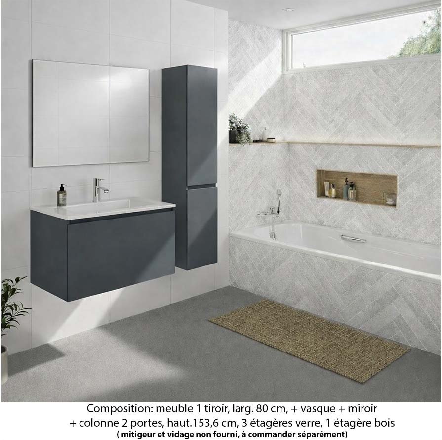 Ensemble meuble de salle de bain Oxford 60 cm basalte brillant, plan vasque marbre reconstitué, 1 tiroir , miroir simple , colonne P. 35 cm x H. 153 cm