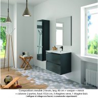 Ensemble meuble de salle de bain Oxford 80 cm basalte brillant, plan vasque marbre reconstitué, 2 tiroirs , miroir simple , colonne P. 35 cm x H. 153 cm