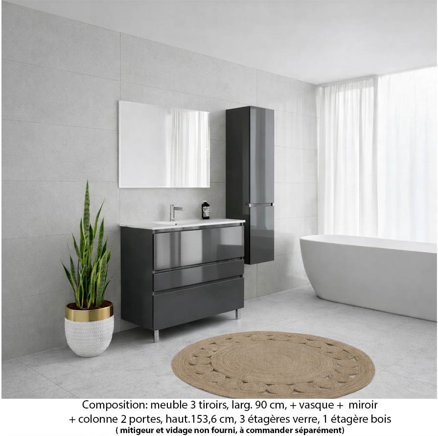 Ensemble meuble de salle de bain Oxford 90 cm basalte brillant, plan vasque marbre reconstitué, 3 tiroirs , miroir simple , colonne P. 35 cm x H. 153 cm