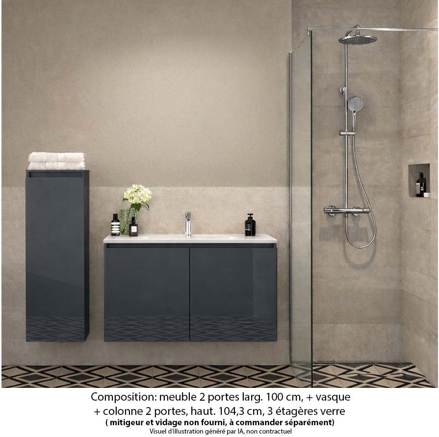 Ensemble meuble de salle de bain Oxford 60 cm basalte brillant, plan vasque marbre reconstitué,  2 portes + colonne P. 17 cm x H. 104 cm