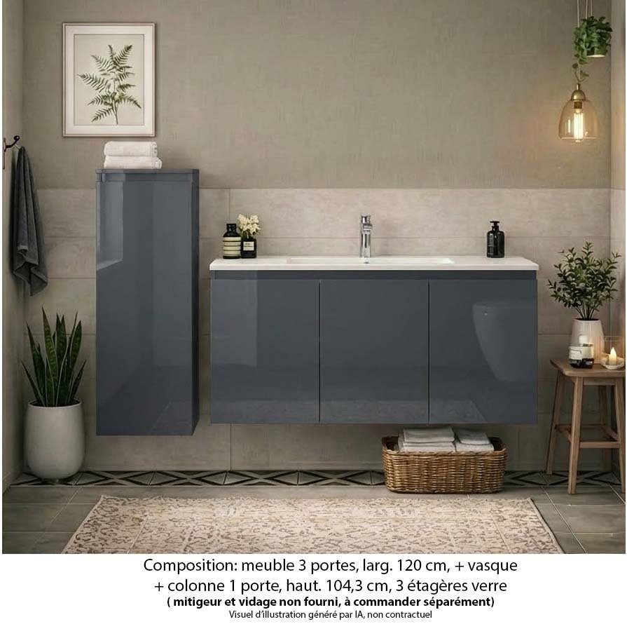 Ensemble meuble de salle de bain Oxford 120 cm basalte brillant, plan vasque céramique,  3 portes + colonne P. 17 cm x H. 104 cm