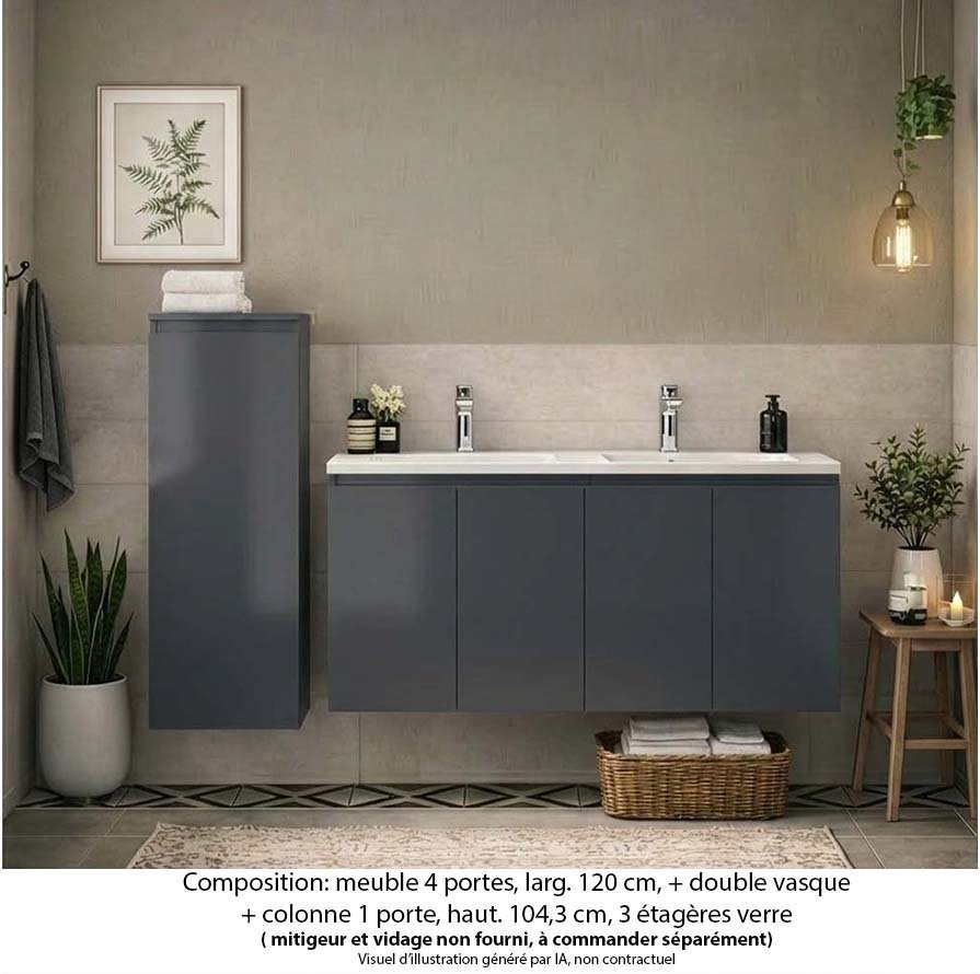 Ensemble meuble de salle de bain Oxford 140 cm basalte brillant, plan vasque marbre reconstitué,  4 portes + colonne P. 17 cm x H. 104 cm