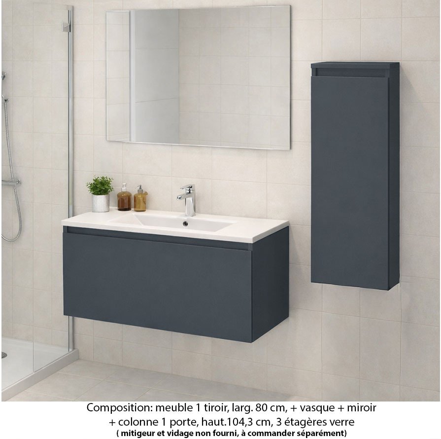 Ensemble meuble de salle de bain Oxford 60 cm basalte brillant, plan vasque céramique,  1 tiroir + colonne P.17 cm x H. 104 cm