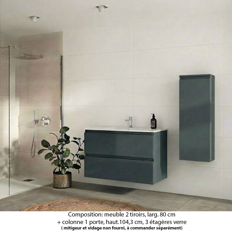 Ensemble meuble de salle de bain Oxford 80 cm basalte brillant, plan vasque céramique,  2 tiroirs + colonne P. 17 cm x H. 104 cm,(ch. à droite),