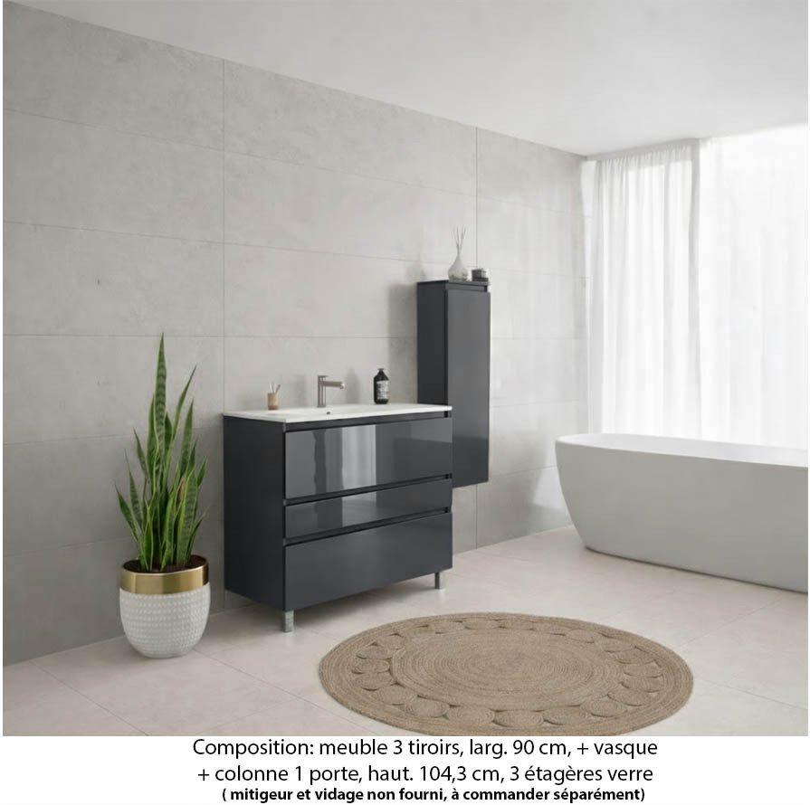 Ensemble meuble de salle de bain Oxford 70 cm basalte brillant, plan vasque marbre reconstitué,  3 tiroirs +colonne P.17 cm x H. 104 cm