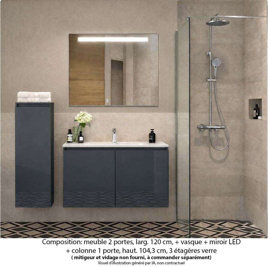 Ensemble meuble de salle de bain Oxford 60 cm basalte brillant, plan vasque marbre reconstitué,  2 portes +colonne P. 17 cm x H. 104 cm  , miroir LED