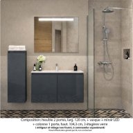 Ensemble meuble de salle de bain Oxford 100 cm basalte brillant, plan vasque marbre reconstitué, 2 portes + colonne P. 35 cm x H. 104 cm , miroir LED