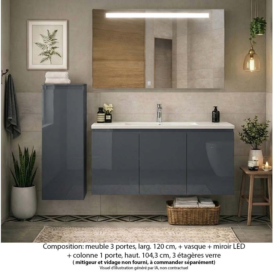 Ensemble meuble de salle de bain Oxford 120 cm basalte brillant, plan vasque céramique,  3 portes +colonne P. 17 cm x H. 104 cm, miroir LED
