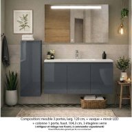 Ensemble meuble de salle de bain Oxford 120 cm basalte brillant, plan vasque céramique, 3 portes + colonne P. 35 cm x H. 104 cm, miroir LED