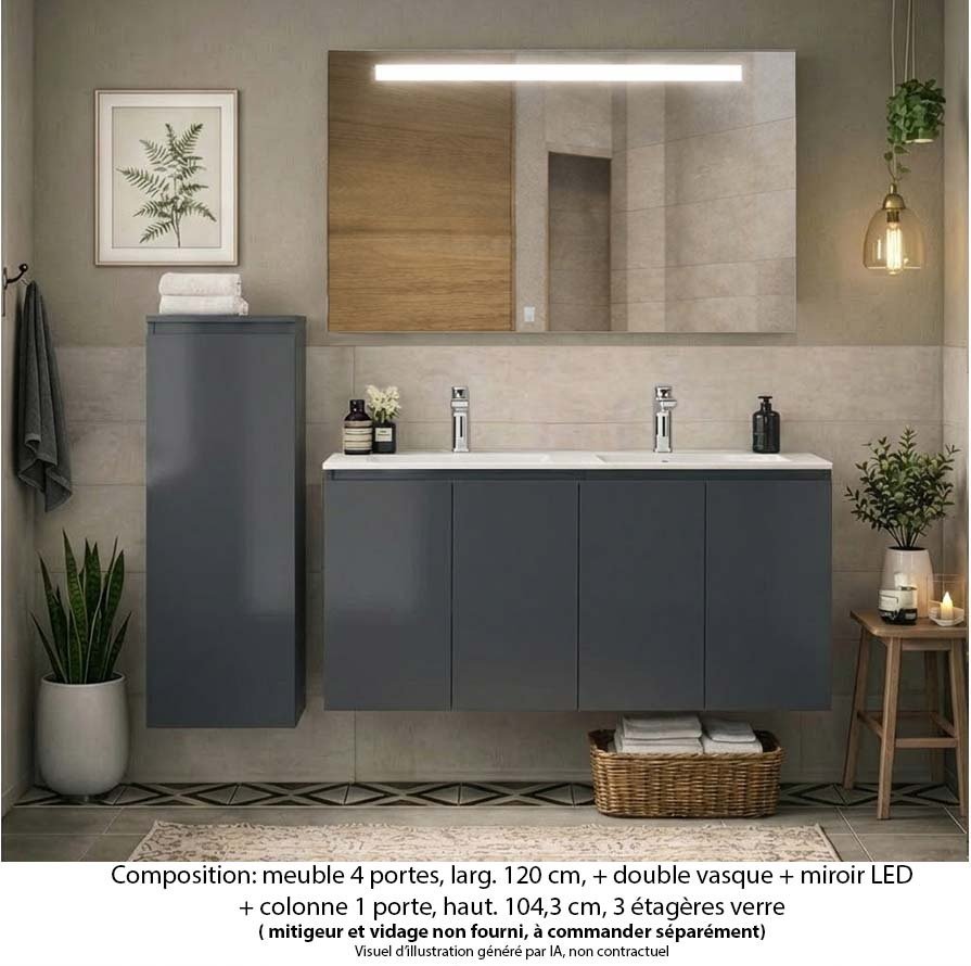 Ensemble meuble de salle de bain Oxford 120 cm basalte brillant, plan vasque marbre reconstitué,  4 portes +colonne P. 17 cm x H. 104 cm  , miroir LED