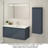Ensemble meuble de salle de bain Oxford 80 cm basalte brillant, plan vasque marbre reconstitué, 1 tiroir + colonne P.17 cm x H. 104 cm , miroir LED