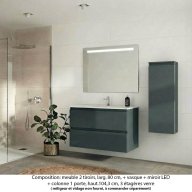 Ensemble meuble de salle de bain Oxford 100 cm basalte brillant, plan vasque marbre reconstitué, 2 tiroirs + colonne P. 17 cm x H. 104 cm , miroir LED