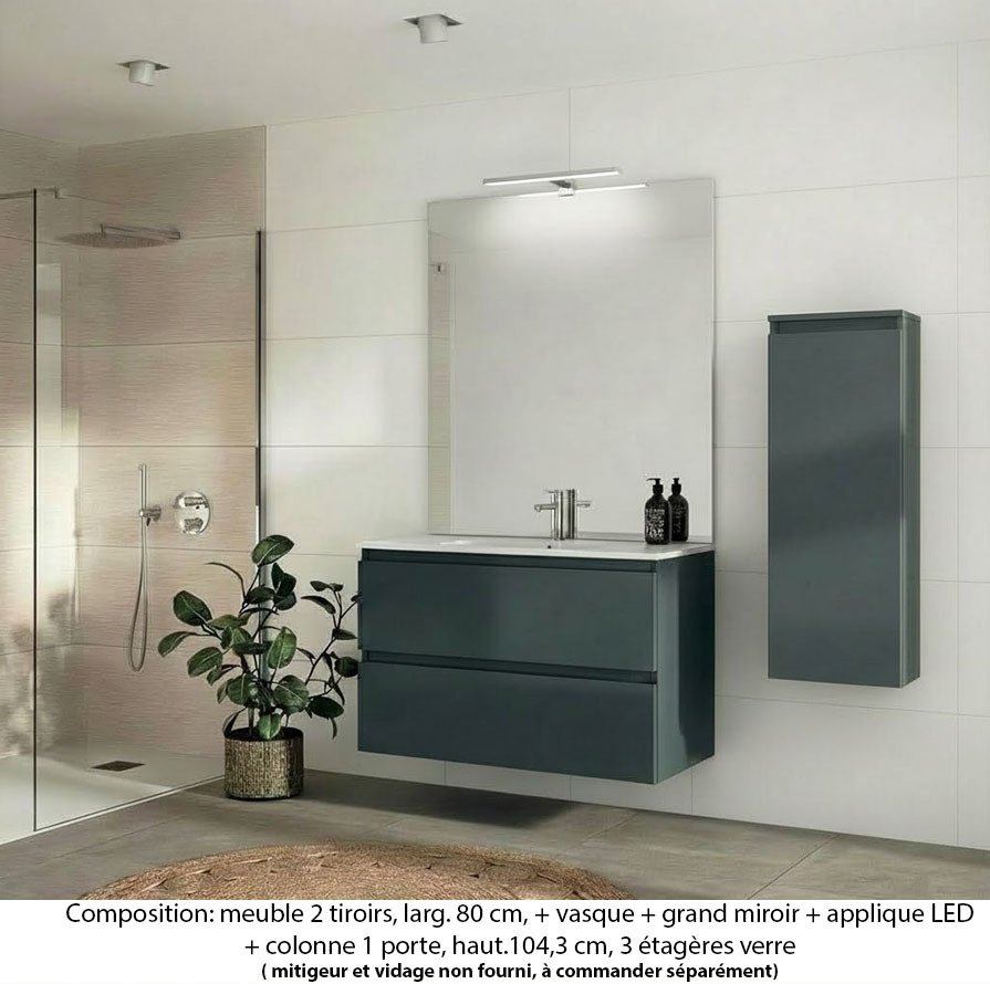 Ensemble meuble de salle de bain Oxford 80 cm basalte brillant, plan vasque céramique, 2 tiroirs , miroir plan , applique , colonne P.17 cm x H. 104 cm (ch. à droite)
