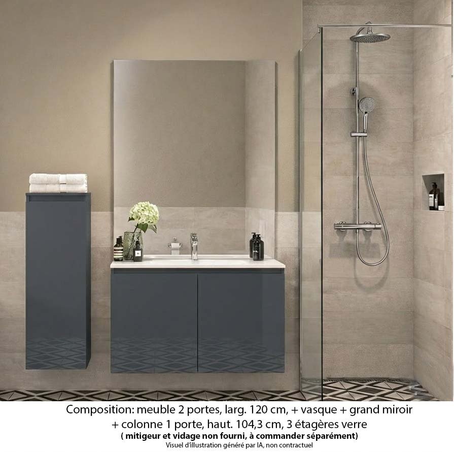 Ensemble meuble de salle de bain Oxford 60 cm basalte brillant, plan vasque marbre reconstitué, 2 portes , miroir plan , colonne P. 17 cm x H. 104 cm