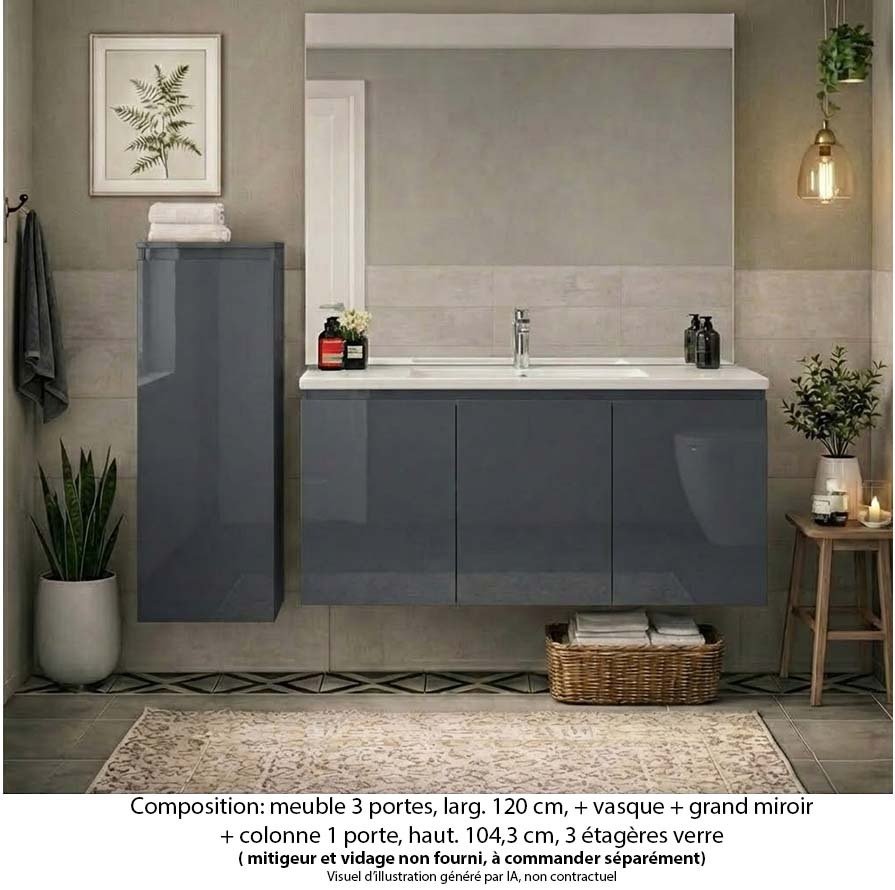 Ensemble meuble de salle de bain Oxford 120 cm basalte brillant, plan vasque céramique, 3 portes , miroir plan , colonne P. 17 cm x H. 104 cm