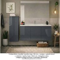 Ensemble meuble de salle de bain Oxford 120 cm basalte brillant, plan vasque céramique, 3 portes , miroir plan , colonne P. 35 cm x H. 104 cm