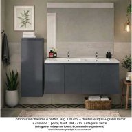 Ensemble meuble de salle de bain Oxford 120 cm basalte brillant, plan vasque marbre reconstitué, 4 portes , miroir plan , colonne P. 17 cm x H. 104 cm