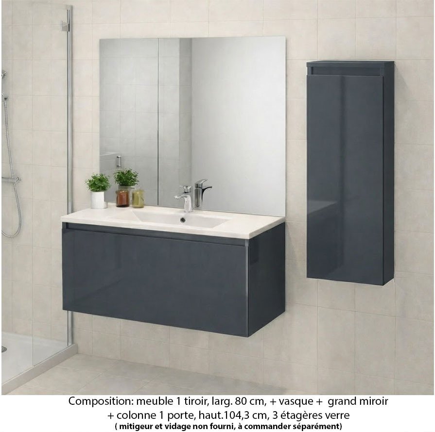 Ensemble meuble de salle de bain Oxford 60 cm basalte brillant, plan vasque céramique, 1 tiroir , miroir plan , colonne P.17 cm x H. 104 cm