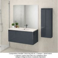 Ensemble meuble de salle de bain Oxford 80 cm basalte brillant, plan vasque marbre reconstitué, 1 tiroir , miroir plan , colonne P.17 cm x H. 104 cm