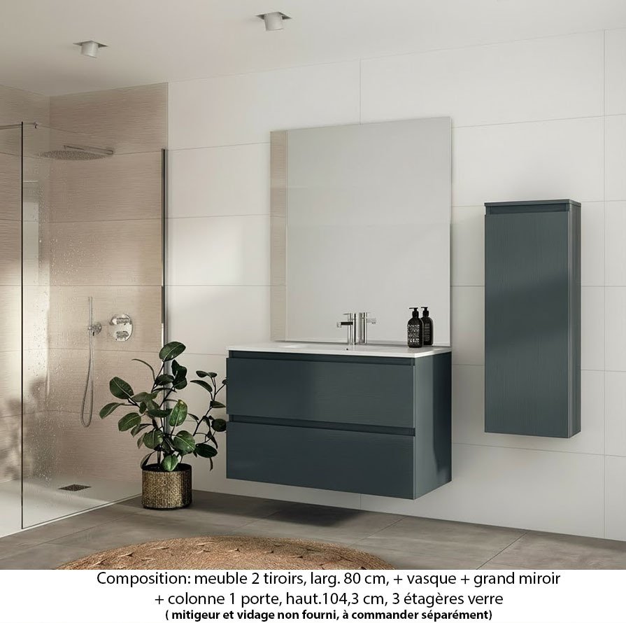 Ensemble meuble de salle de bain Oxford 80 cm basalte brillant, plan vasque céramique, 2 tiroirs , miroir plan , colonne P.17 cm x H. 104 cm (ch. à droite)