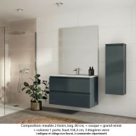 Ensemble meuble de salle de bain Oxford 100 cm basalte brillant, plan vasque marbre reconstitué, 2 tiroirs , miroir plan , colonne P. 17 cm x H. 104 cm