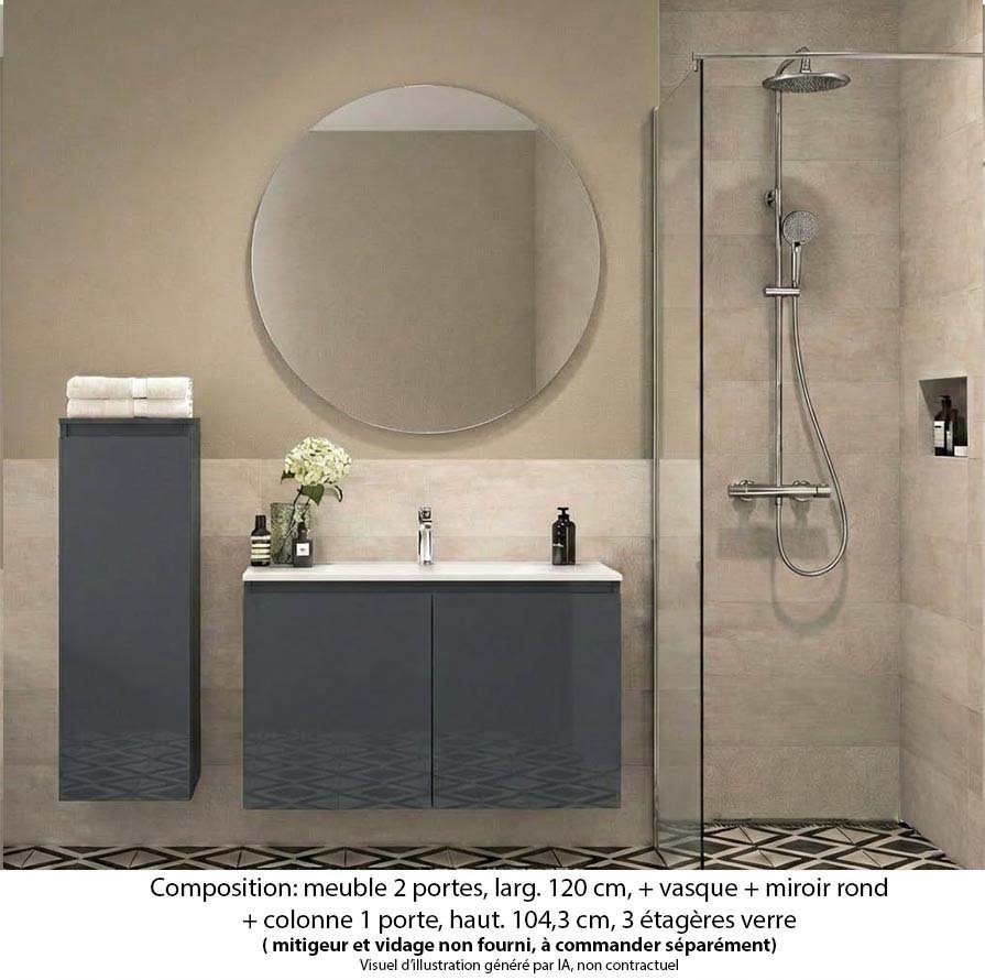Ensemble meuble de salle de bain Oxford 60 cm basalte brillant, plan vasque marbre reconstitué, 2 portes , miroir rond , colonne P. 17 cm x H. 104 cm