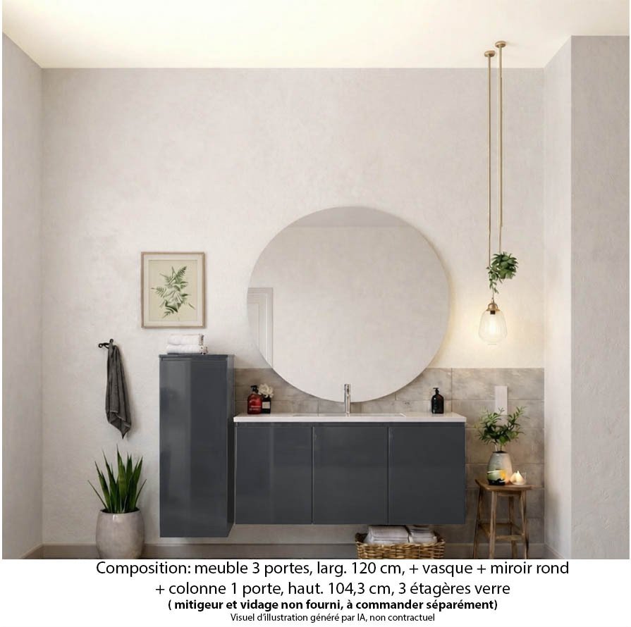 Ensemble meuble de salle de bain Oxford 120 cm basalte brillant, plan vasque céramique, 3 portes , miroir rond , colonne P. 17 cm x H. 104 cm