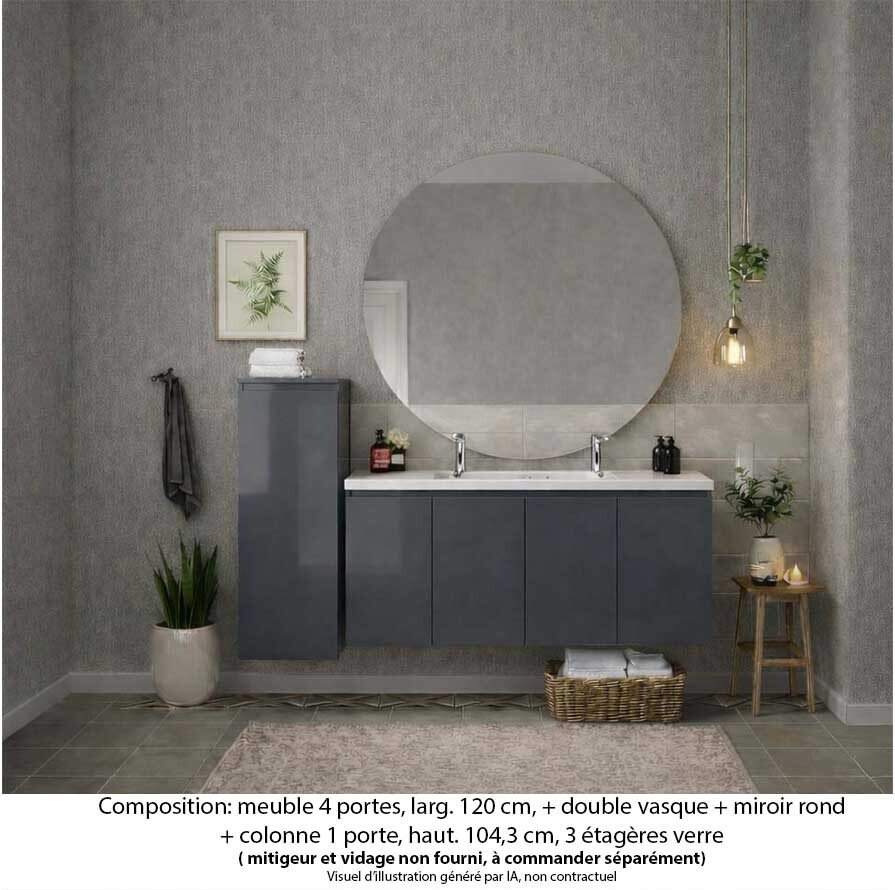 Ensemble meuble de salle de bain Oxford 120 cm basalte brillant, plan vasque marbre reconstitué, 4 portes , miroir rond , colonne P. 17 cm x H. 104 cm