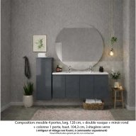 Ensemble meuble de salle de bain Oxford 120 cm basalte brillant, plan vasque marbre reconstitué, 4 portes , miroir rond , colonne P. 17 cm x H. 104 cm