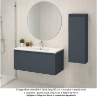 Ensemble meuble de salle de bain Oxford 80 cm basalte brillant, plan vasque marbre reconstitué, 1 tiroir , miroir rond , colonne P.17 cm x H. 104 cm