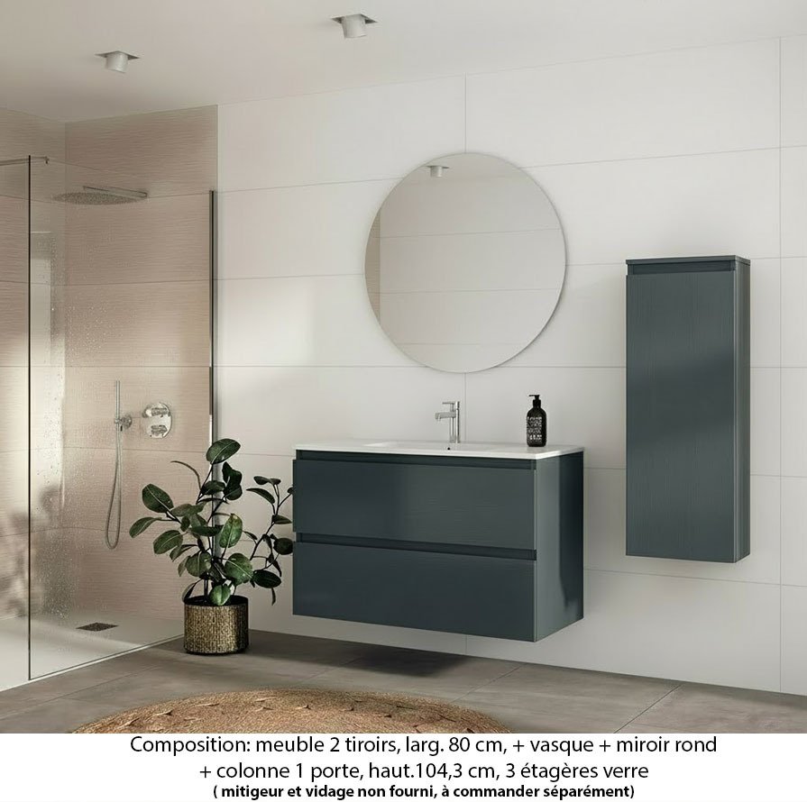 Ensemble meuble de salle de bain Oxford 80 cm basalte brillant, plan vasque céramique, 2 tiroirs , miroir rond , colonne P.17 cm x H. 104 cm (ch. à droite)