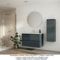 Ensemble meuble de salle de bain Oxford 100 cm basalte brillant, plan vasque marbre reconstitué, 2 tiroirs , miroir rond , colonne P. 17 cm x H. 104 cm