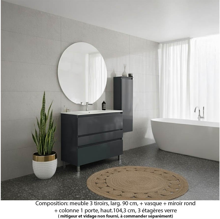 Ensemble meuble de salle de bain Oxford 90 cm basalte brillant, plan vasque marbre reconstitué, 3 tiroirs , miroir rond , colonne P.17 cm x H. 104 cm